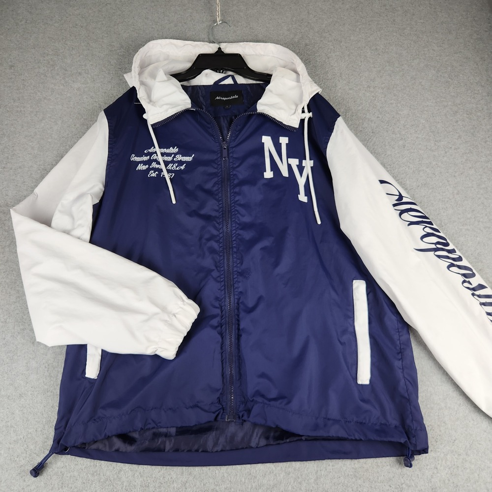 Aeropostale Windbreaker Jacket Mens Large Blue White NY‎ Logo Full Zip Hooded